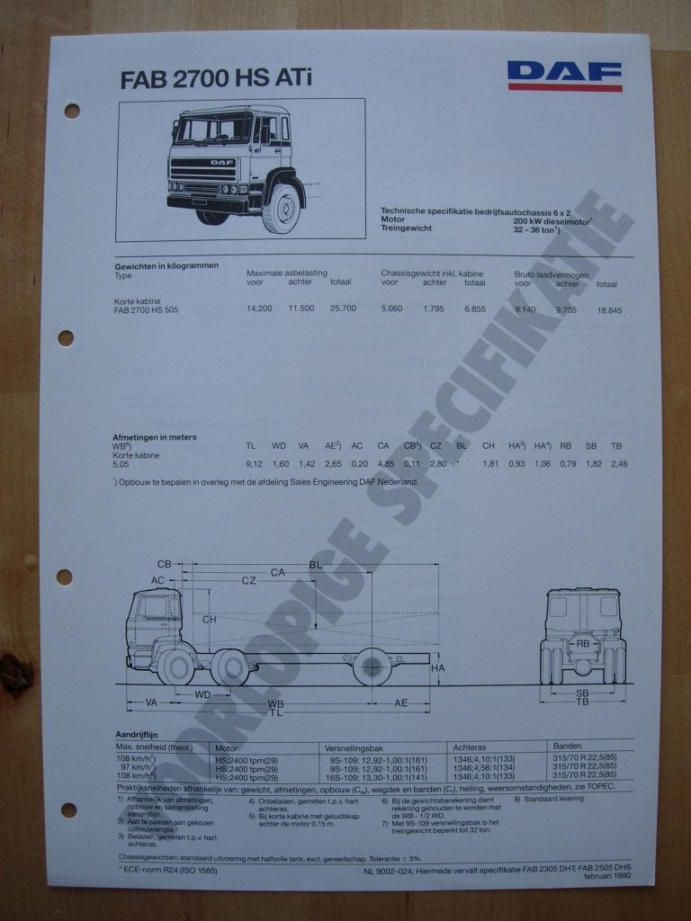 DAF FAB 2700 HS ATi Technische Specificatie Folder 1990 6x2, Ophalen of Verzenden, Zo goed als nieuw, Overige merken, DAF