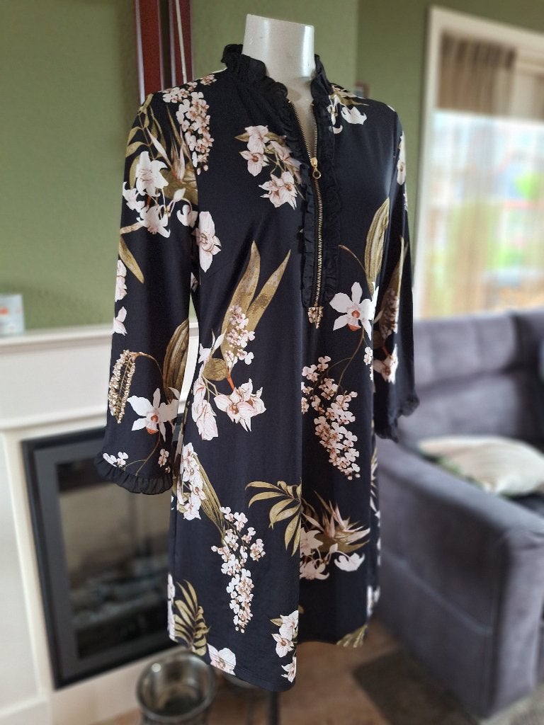 K-Design orchidee jurk met rits en ruches M, Kleding | Dames, Jurken, Maat 38/40 (M), K-design, Zwart, Ophalen of Verzenden
