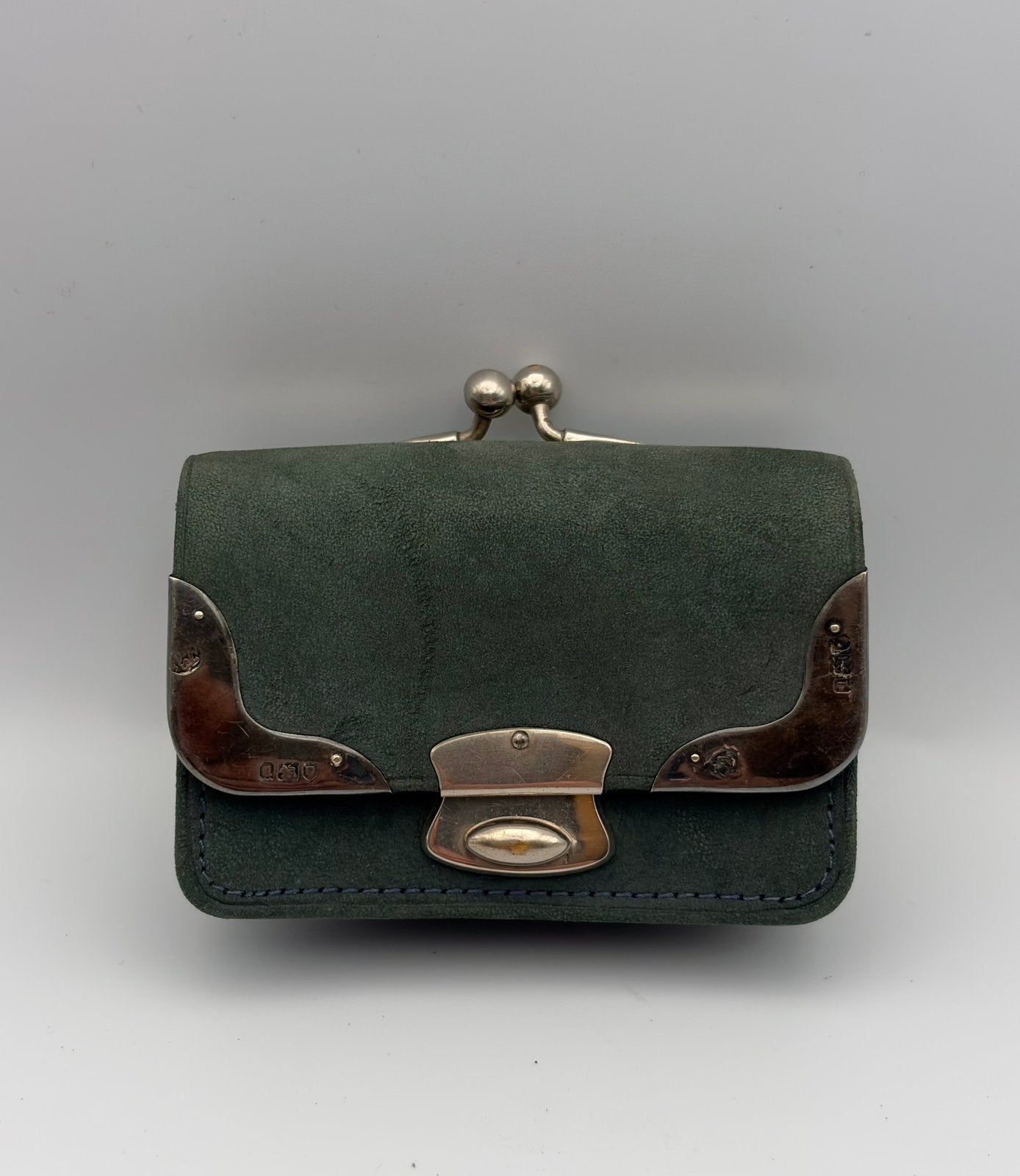 Vintage kleine groen suede portomonnee met 835 zilver, Ophalen of Verzenden, Zilver