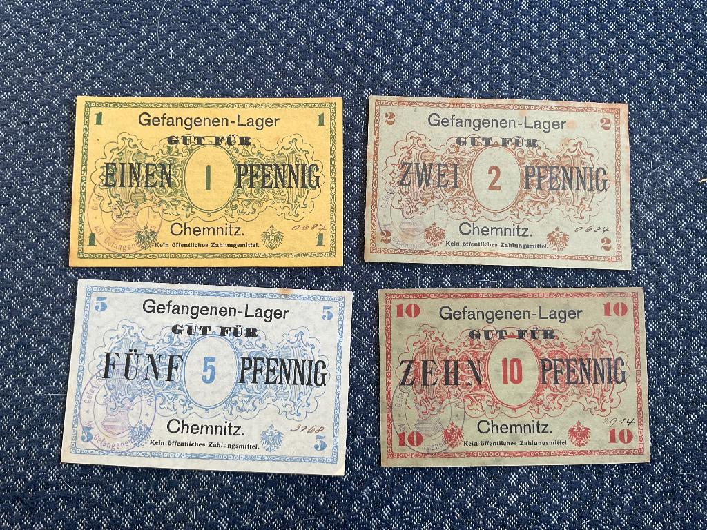 Lagergeld Gefangenen‑Lager Chemnitz, 1–2–5–10 Pfennig, Postzegels en Munten, Munten | Europa | Niet-Euromunten, Setje, Duitsland