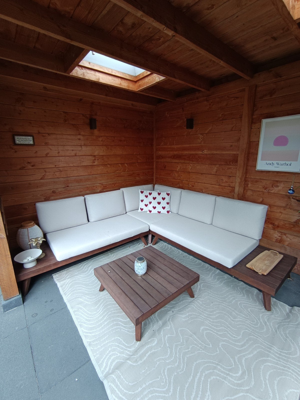 Houten Loungeset met Salontafel - Zo goed als nieuw, Ophalen, 5 zitplaatsen, Bank, Zo goed als nieuw