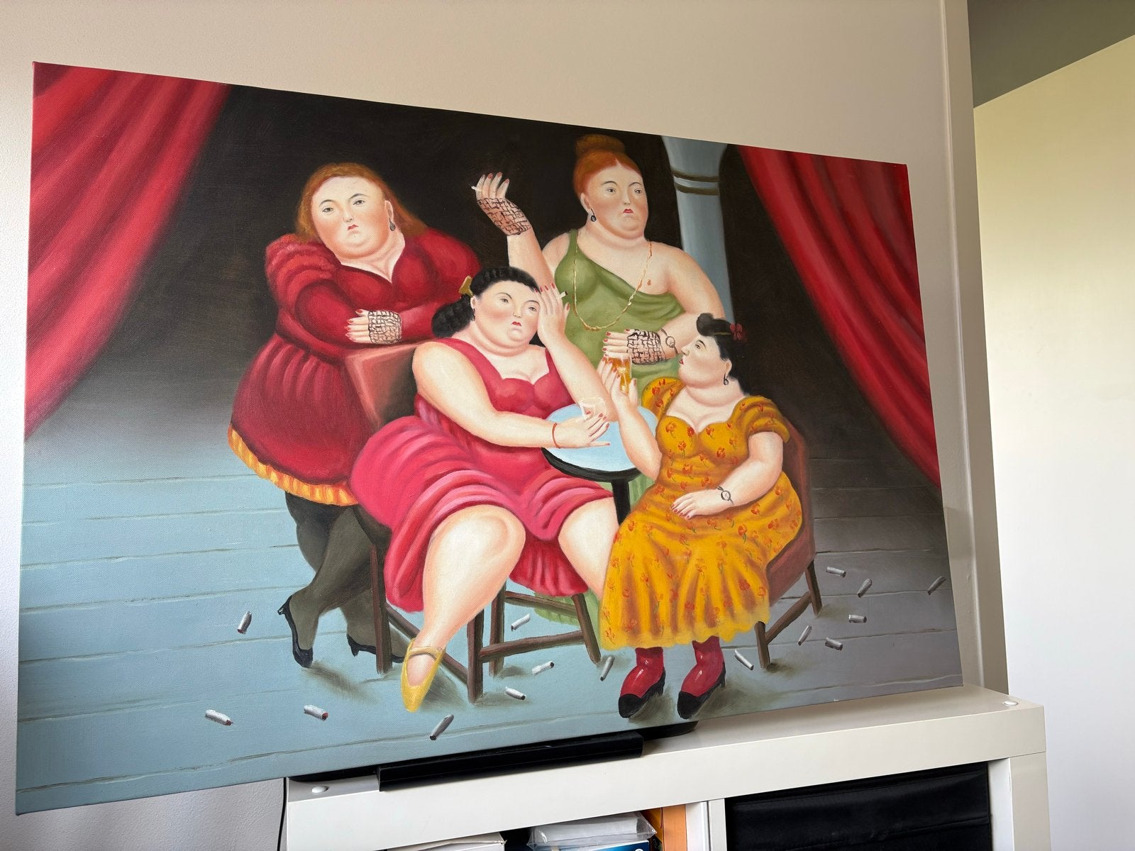 Groot schilderij in Botero-stijl: Vier vrouwen, Ophalen of Verzenden