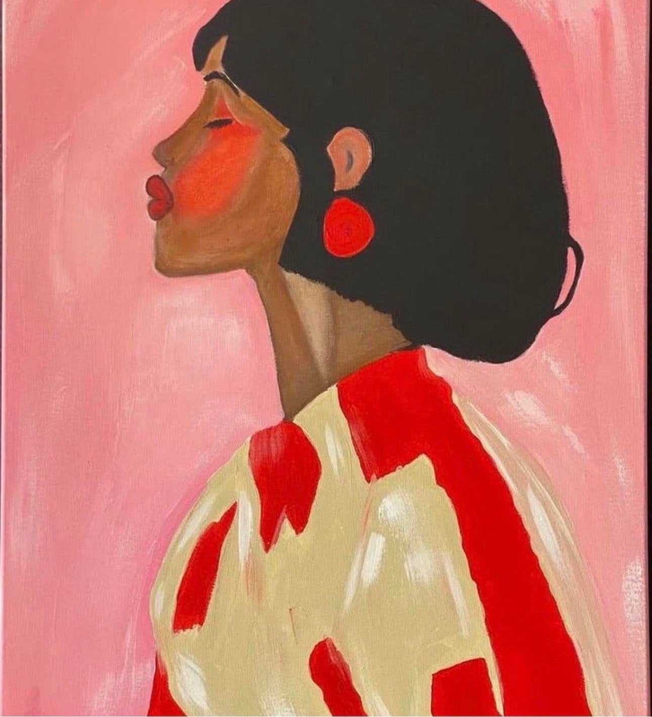 Modern schilderij: Vrouw met rode oorbellen, Acrylverf, Handgeschilderd, Ophalen of Verzenden, Portret