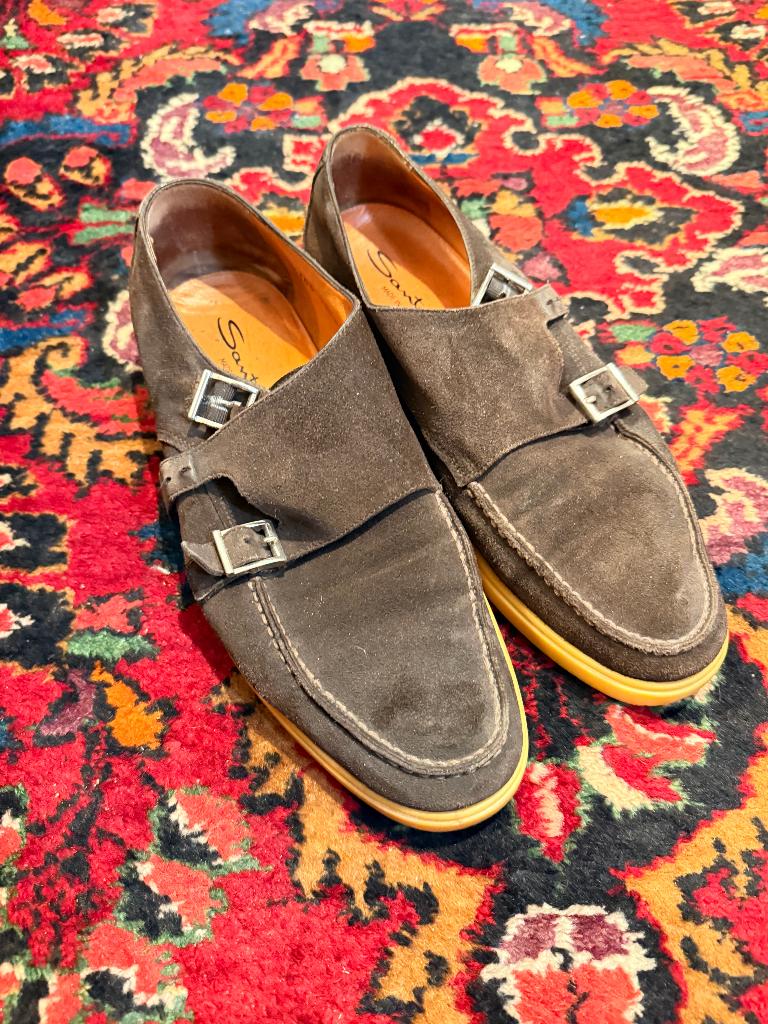 Santoni suede double monk 7.5, Verzenden, Zo goed als nieuw, Bruin, Gespschoenen
