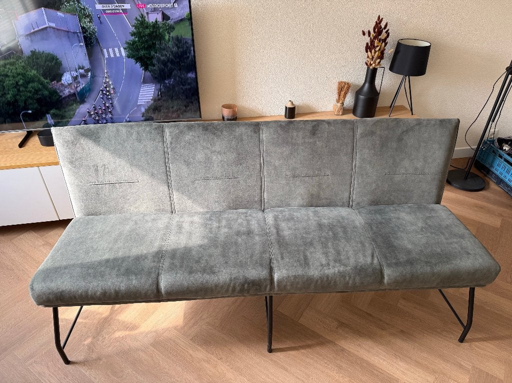 Eetkamerbank + 4 eetkamerstoelen – zeer goede staat, Ophalen, Zo goed als nieuw, Stof