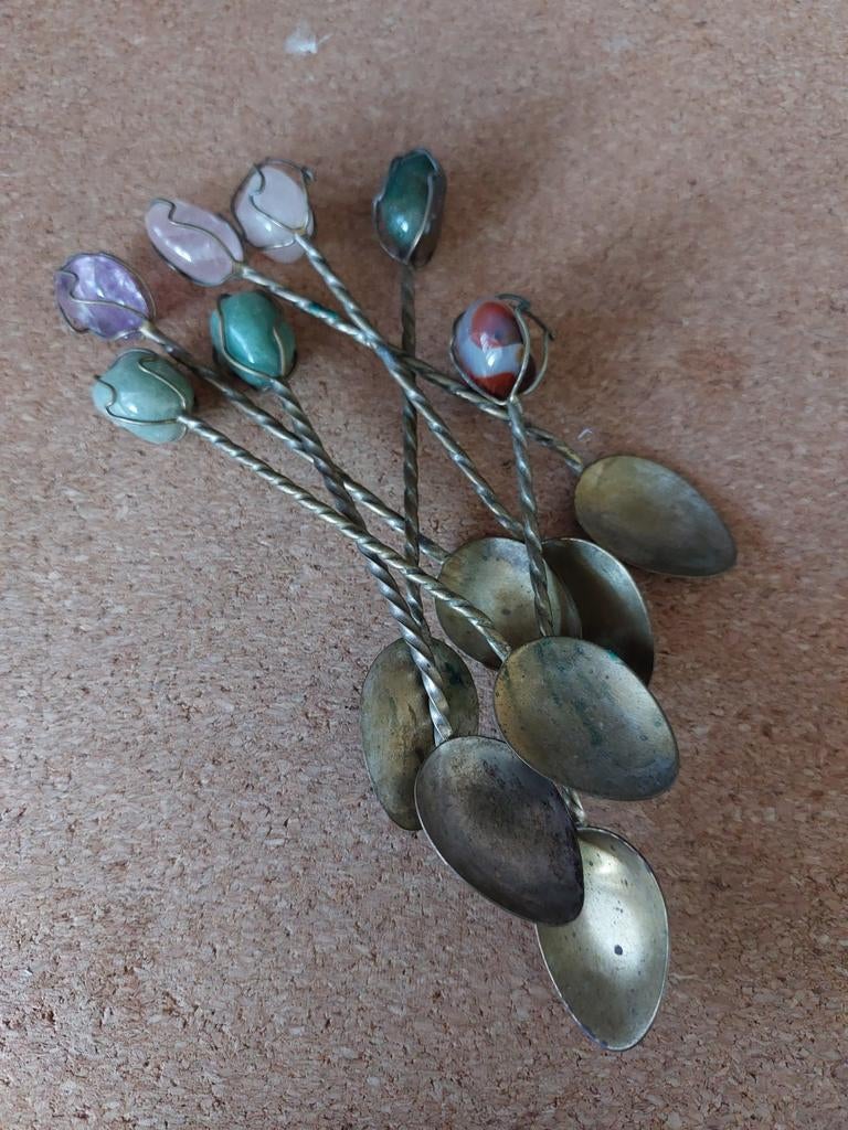 Set van 8 vintage theelepels met edelstenen, Ophalen of Verzenden