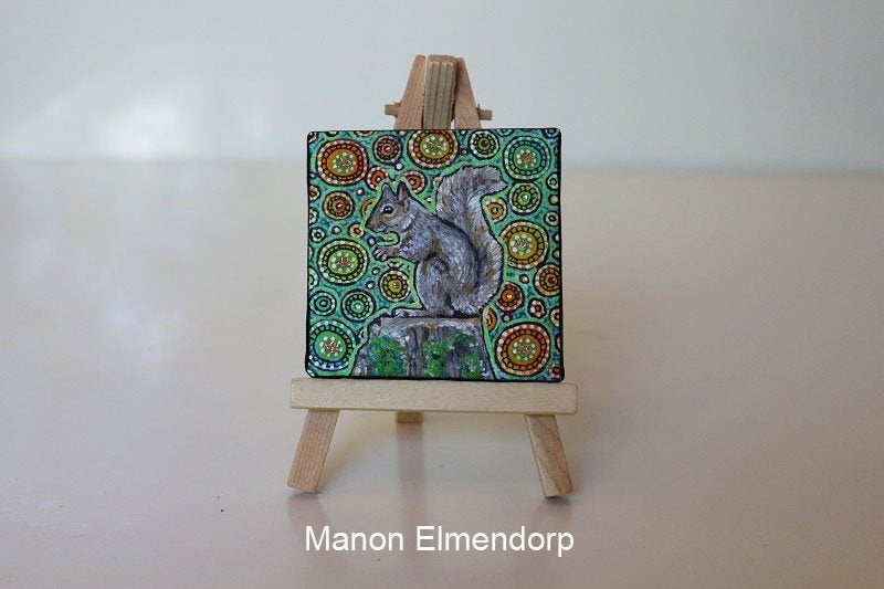 Uniek Handgeschilderd Schilderijtje incl Ezeltje Eekhoorn, Acrylverf, Ophalen of Verzenden, Dieren, Overige materialen