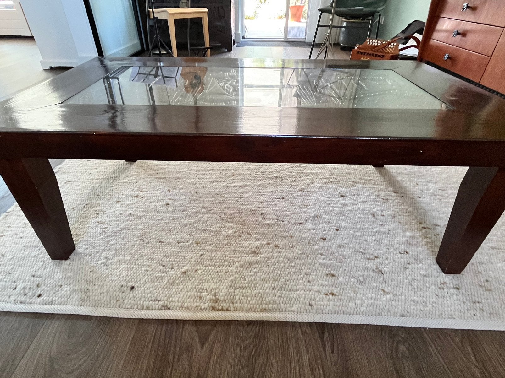 Houten salontafel met glazen plaat / TEAB, Ophalen, Gebruikt, 100 tot 150 cm, 50 tot 100 cm