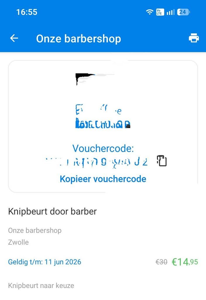 Voucher Onze Barbershop Zwolle - twv 30euro, Eén persoon, Cadeaubon