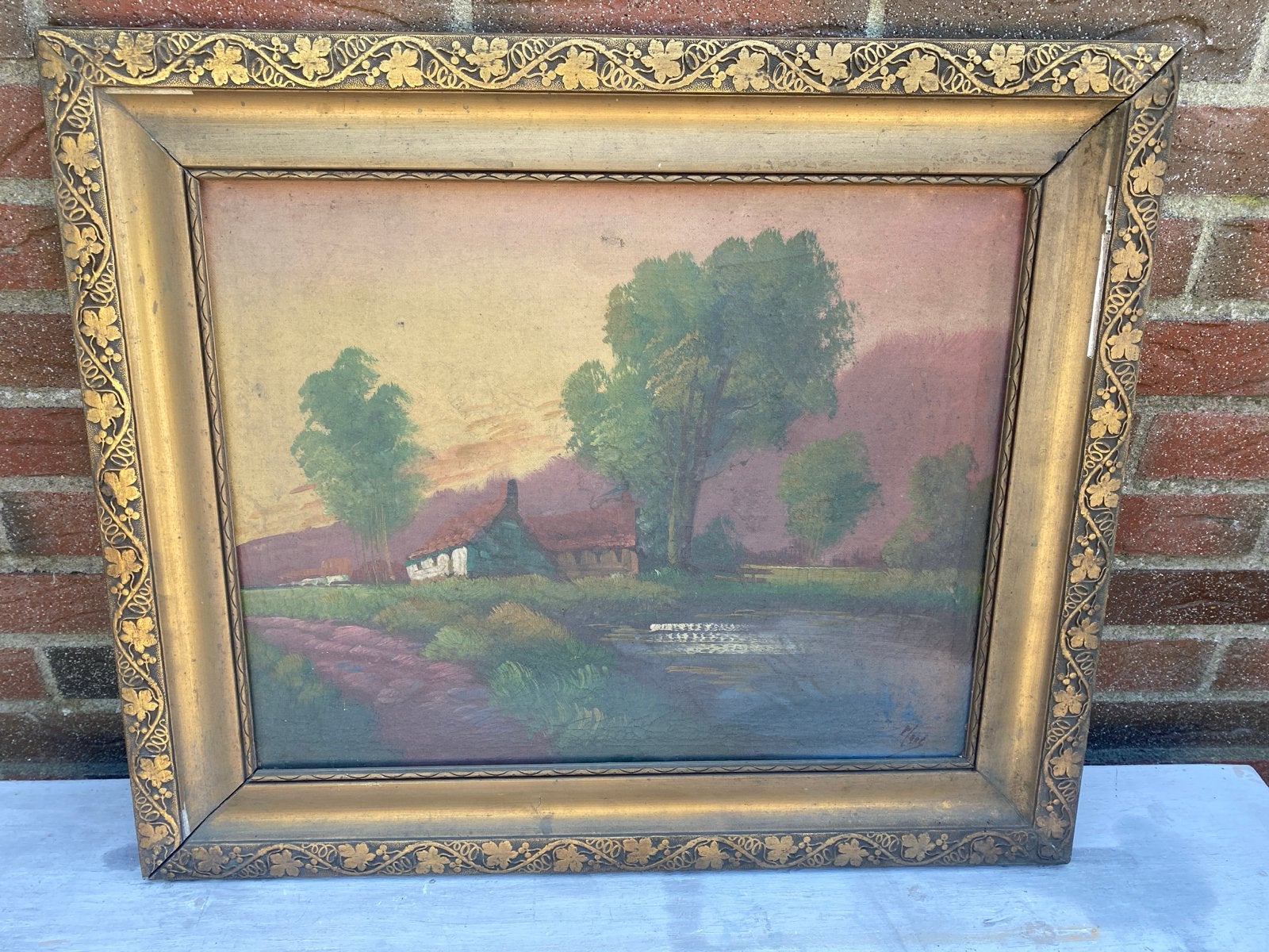 Schilderij Landschap met Boerderij en Water gesigneerd!, Antiek en Kunst, Doek, Ophalen of Verzenden, Landschap, Olieverf