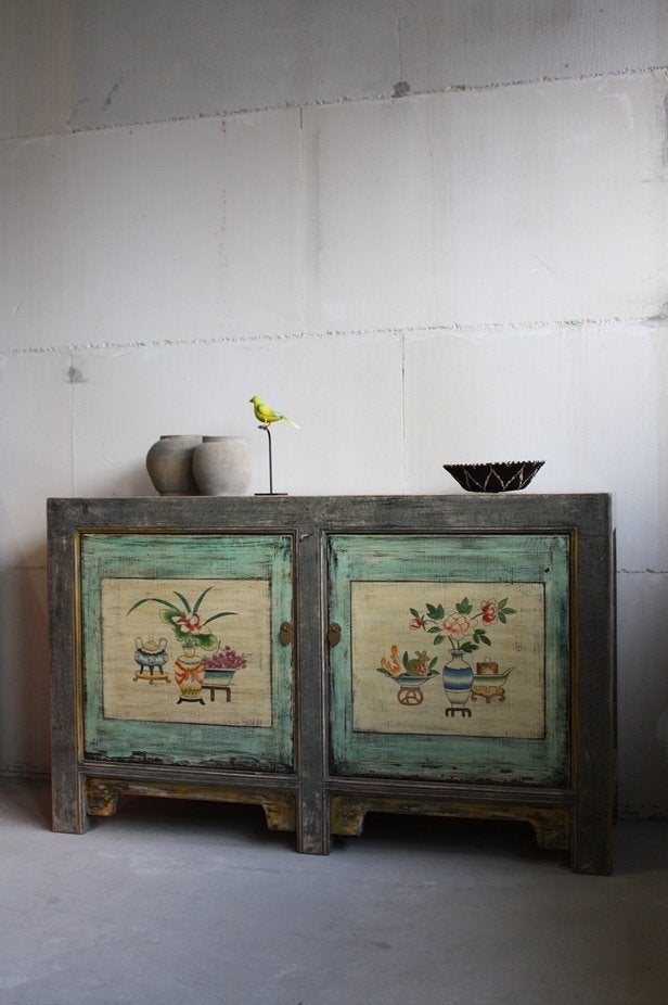 Aziatische Kleurrijke Beschilderde Kast Chinees Dressoir, Met deur(en), 100 tot 150 cm, Nieuw, Werelds Boho Landelijk Uniek Kleurrijk Vintage Oosters Antiek
