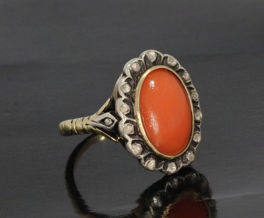 Diamanten bloedkoraal antieke 14k gouden ring dames, Sieraden, Tassen en Uiterlijk, Ophalen of Verzenden, Goud, Ring, Met edelsteen