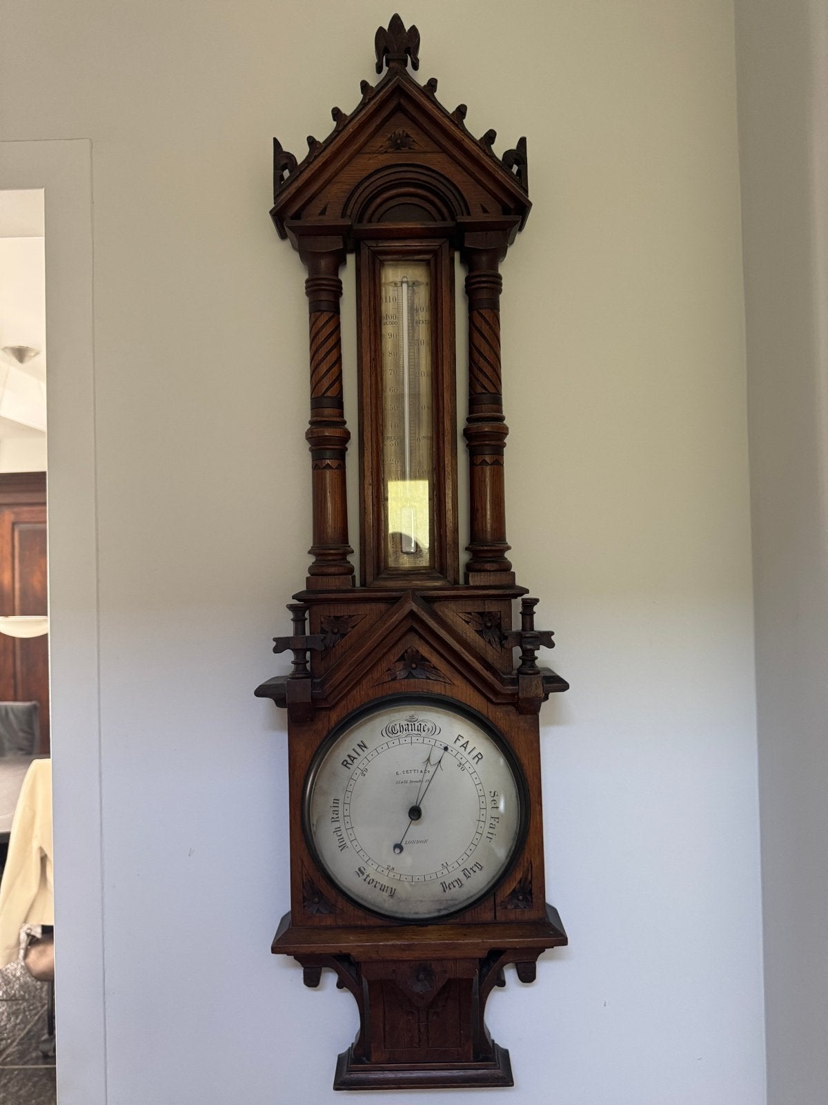 Antieke houten wandbarometer met thermometer - 102 cm, Ophalen