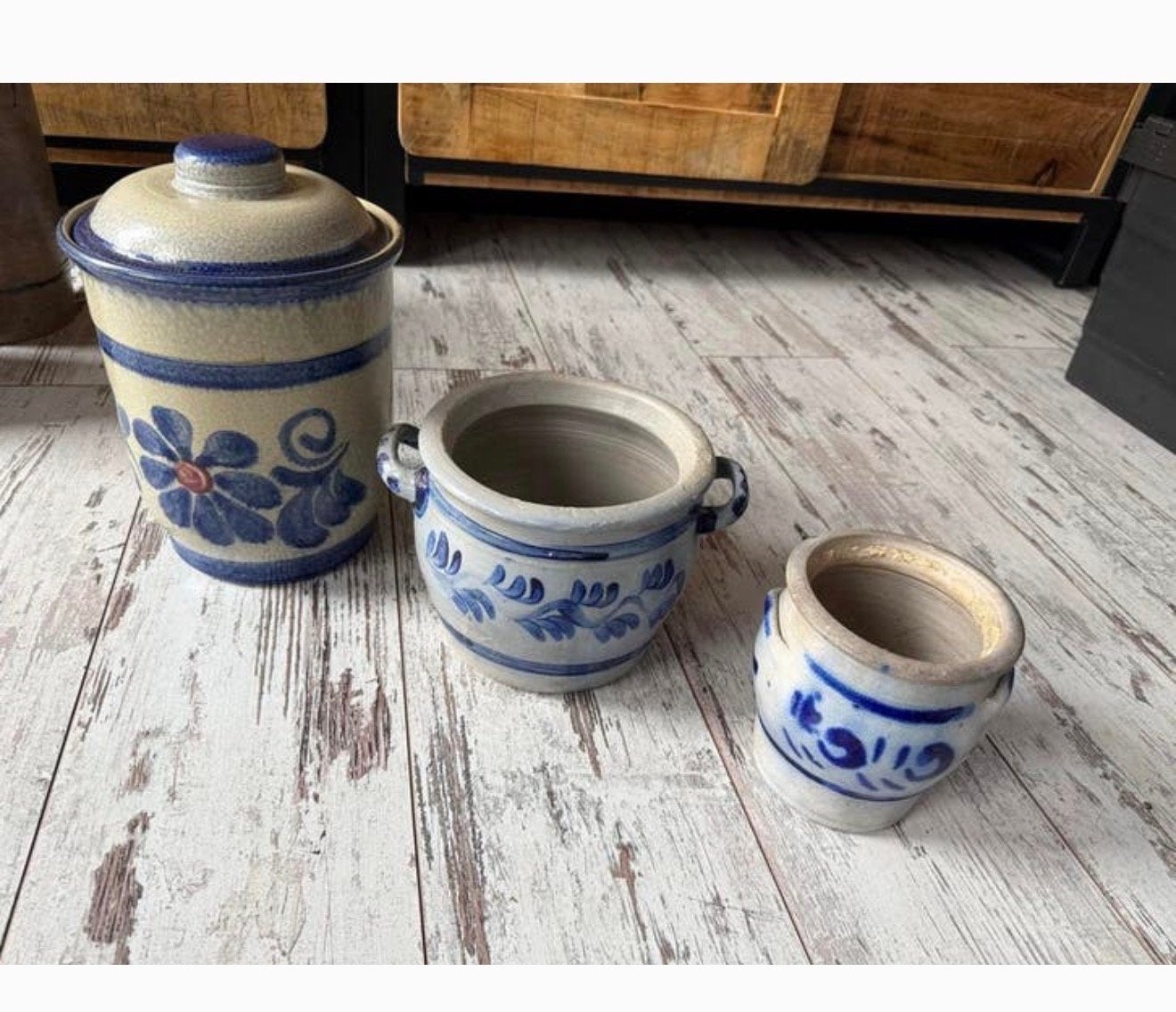 Set van 3 oude Keulse potten met blauwe decoratie, Ophalen of Verzenden