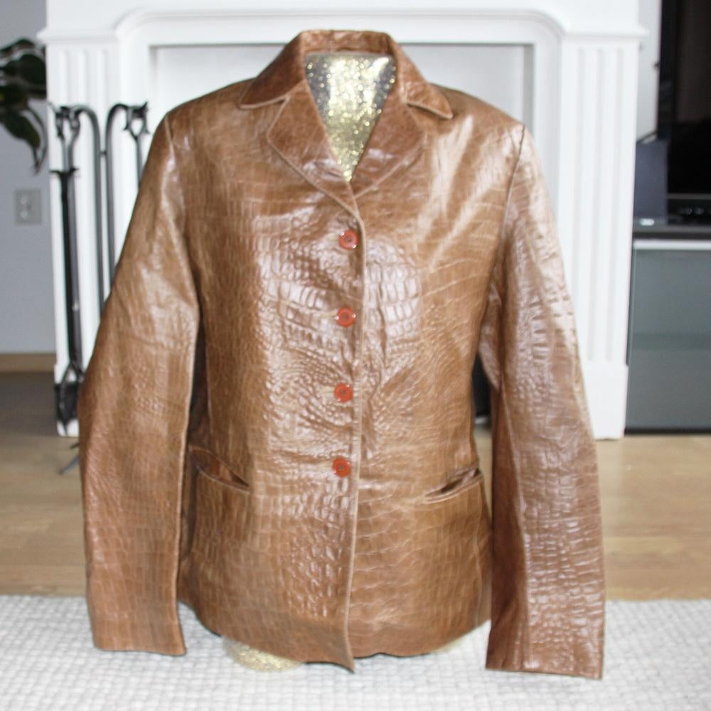 Prachtige Leren Ginger Jas (L) € 55,-, Kleding | Dames, Jassen | Winter, Zo goed als nieuw, Maat 42/44 (L), Bruin, Ophalen of Verzenden