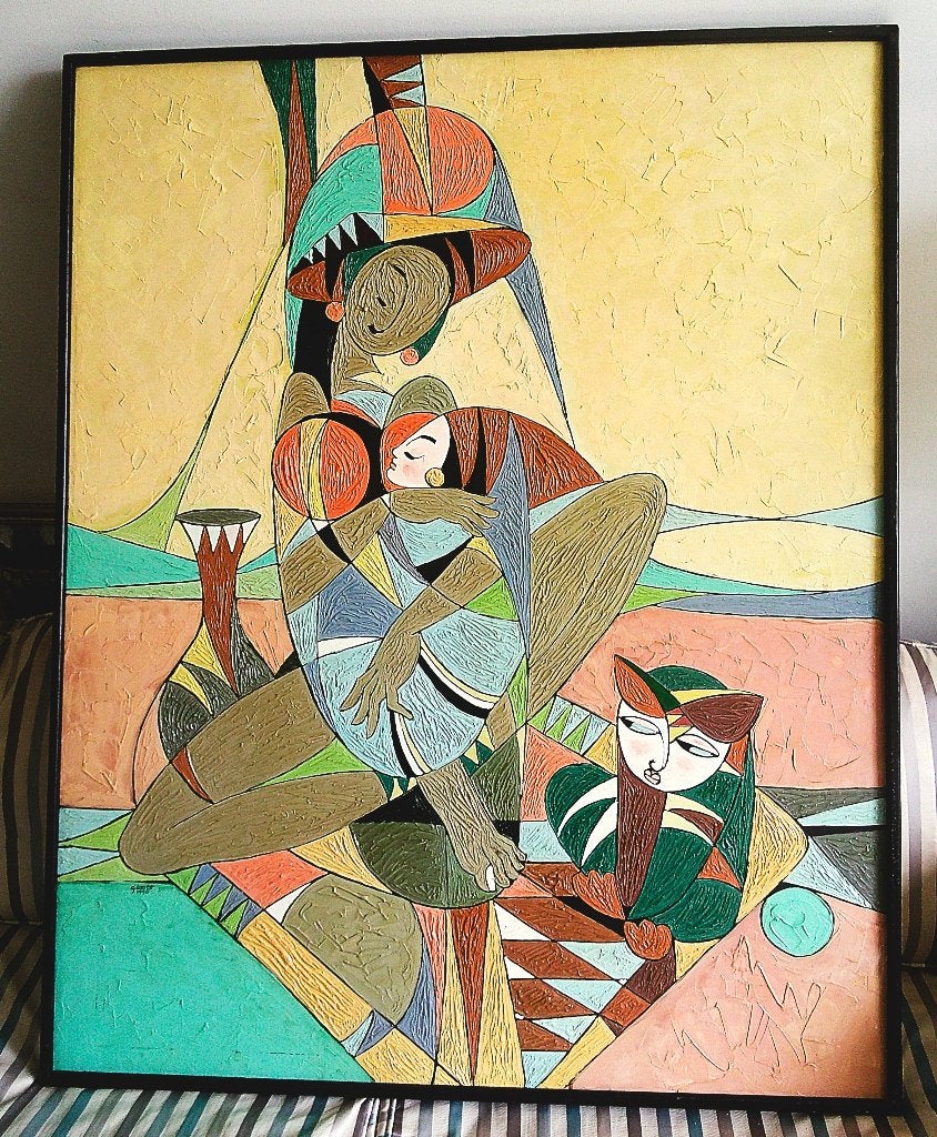 vrouw met kind en poes 1990 - Gianto (Indonesië), Antiek en Kunst, Kunst | Schilderijen | Klassiek, Ophalen