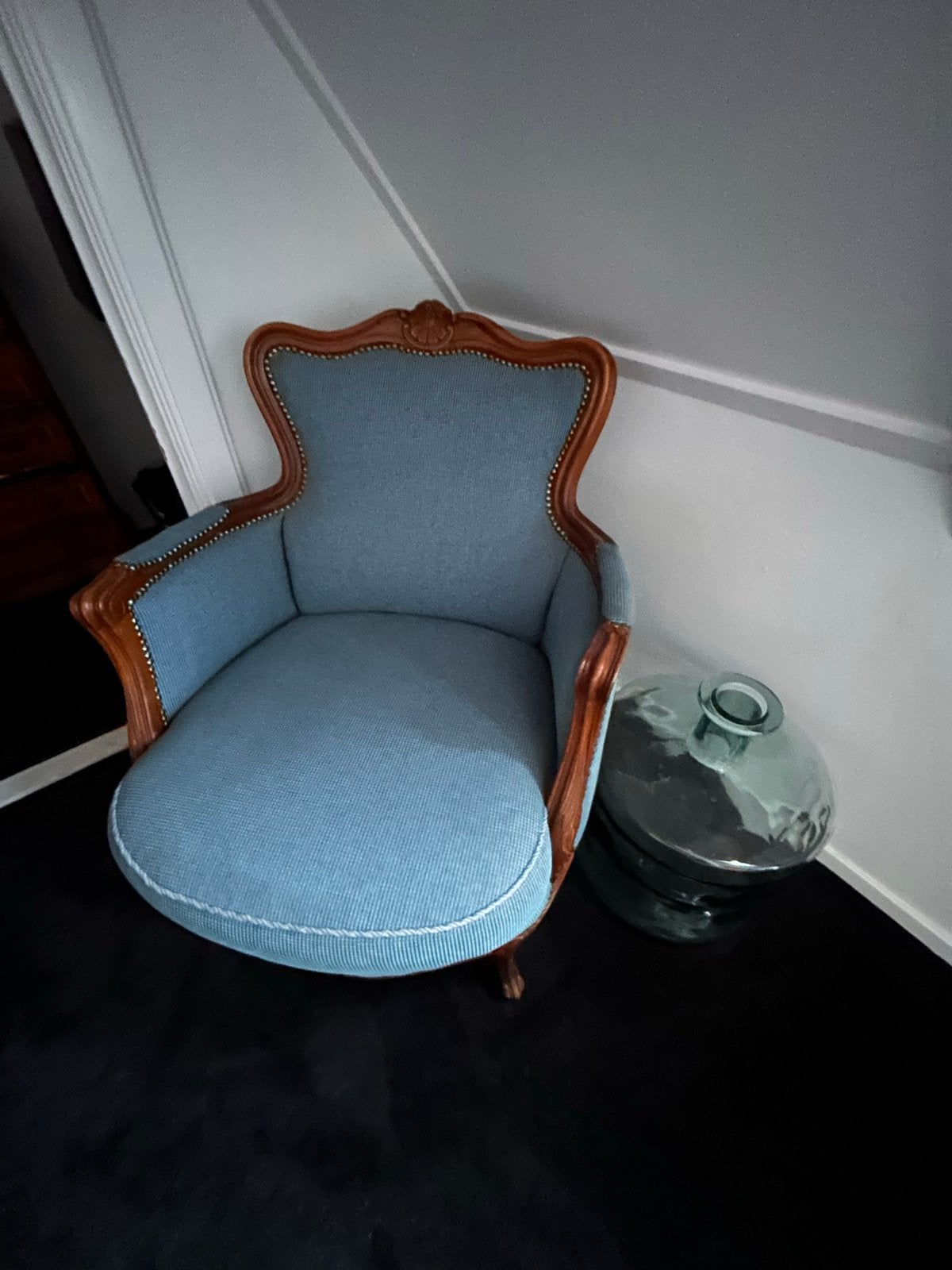 2 Antieke fauteuils, Lodewijk XVI-stijl, blauw gestoffeerd, Ophalen