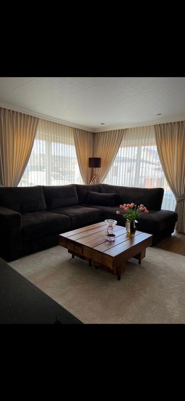 donkerbruine ribstof hoekbank te koop, Huis en Inrichting, Banken | Bankstellen, 250 tot 300 cm, 100 tot 125 cm, Hoekbank, Ophalen of Verzenden