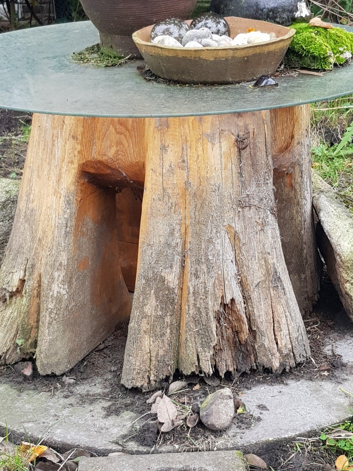 Tuintafel glas met houten onderstel, Ophalen, Gebruikt, Rond, Hout