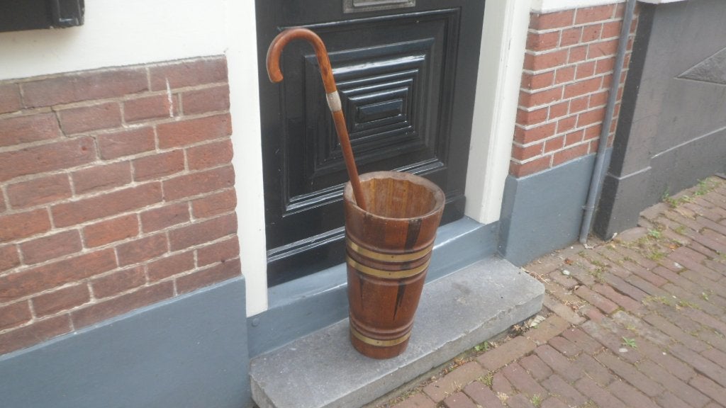 Houten paraplubak gekuipt eiken rond 27 cm en 47 cm hoog, Ophalen of Verzenden, Gebruikt, Hout, Vintage
