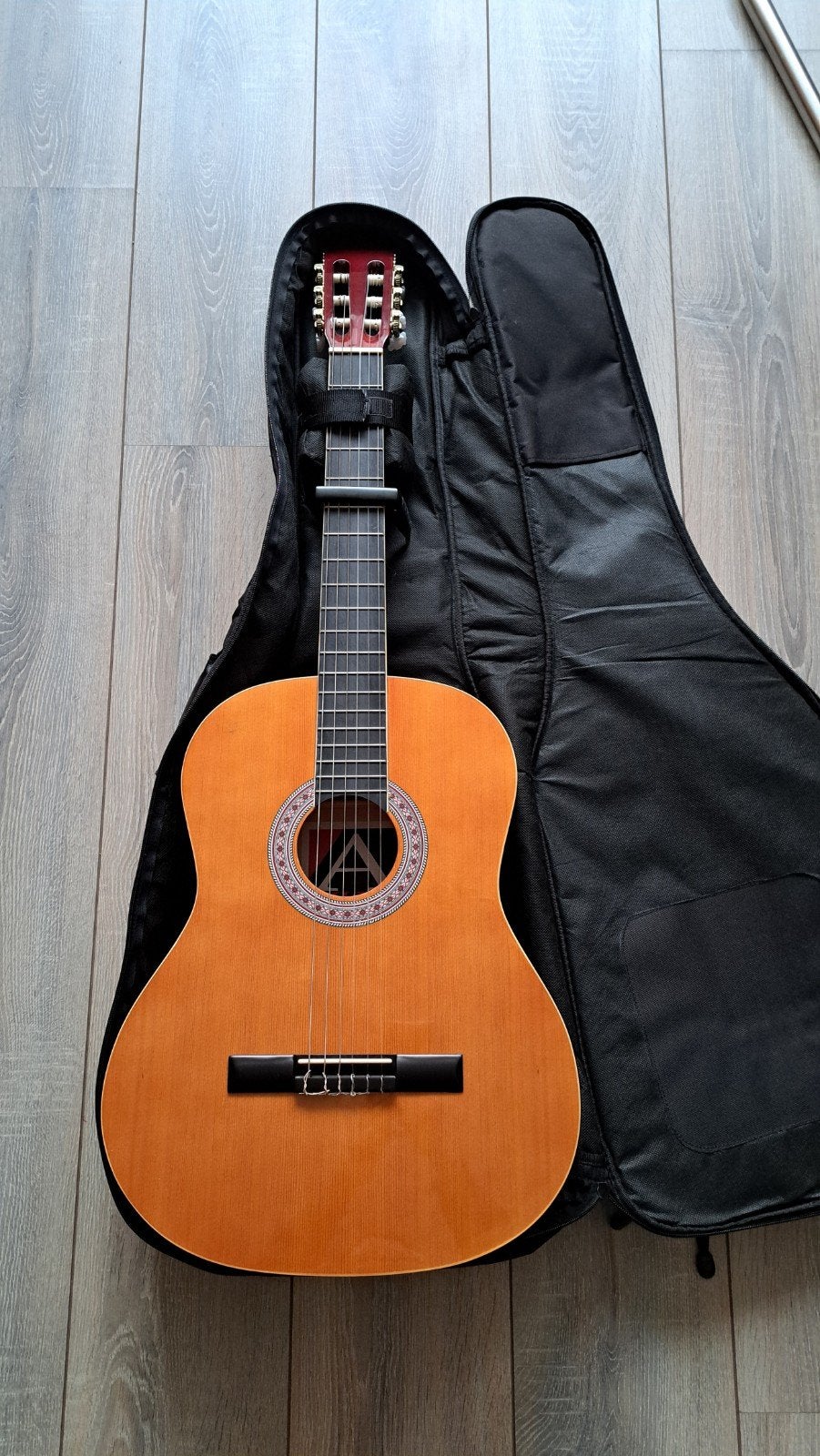 Akoestische gitaar met gigbag en capo, Muziek en Instrumenten, Snaarinstrumenten | Gitaren | Akoestisch, Ophalen, Gebruikt, Klassieke of Spaanse gitaar