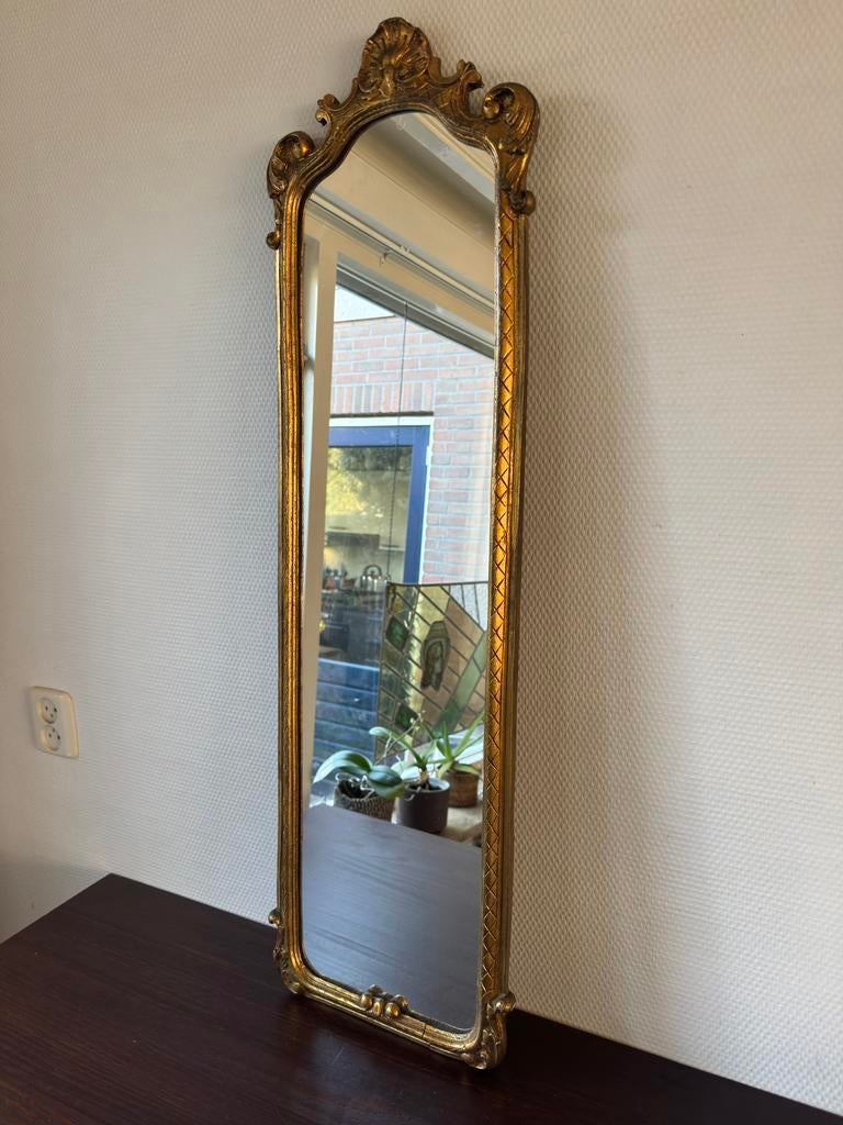Vintage Smalle Barokke Gouden Halspiegel, Spiegel, Kuif, Ophalen, Minder dan 50 cm, Gebruikt, Minder dan 100 cm