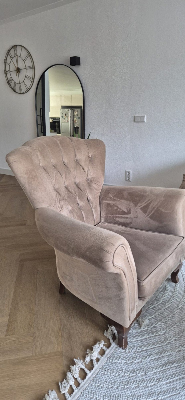 Chesterfield bank en fauteuil set - Beige, Ophalen, Gebruikt, Driepersoons, 75 tot 100 cm