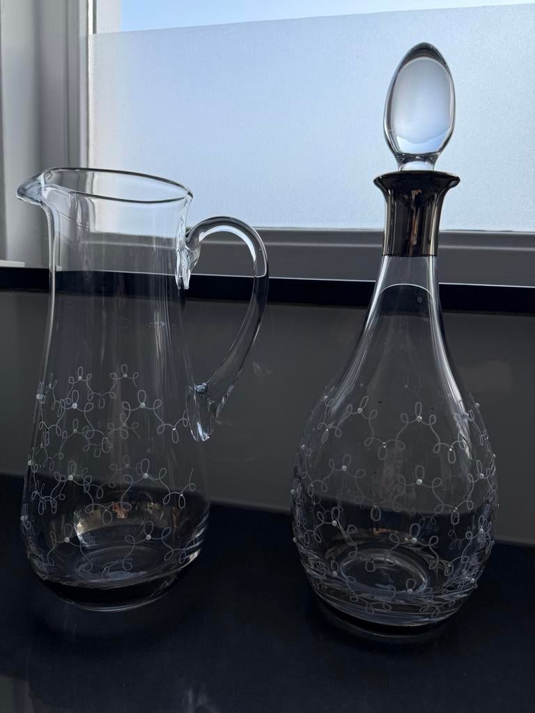 Glazen karaf en kan met decoratie, Ophalen of Verzenden