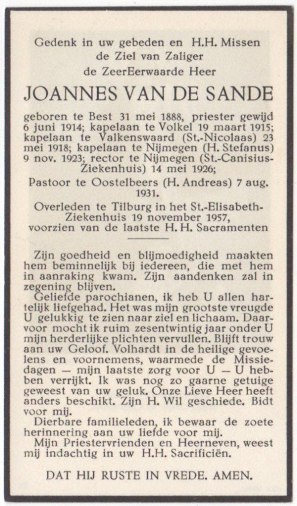 pastoor Joannes van de Sande 1888 Best + 1957 Tilburg, 69 jr, Verzamelen, Bidprentjes en Rouwkaarten, Verzenden