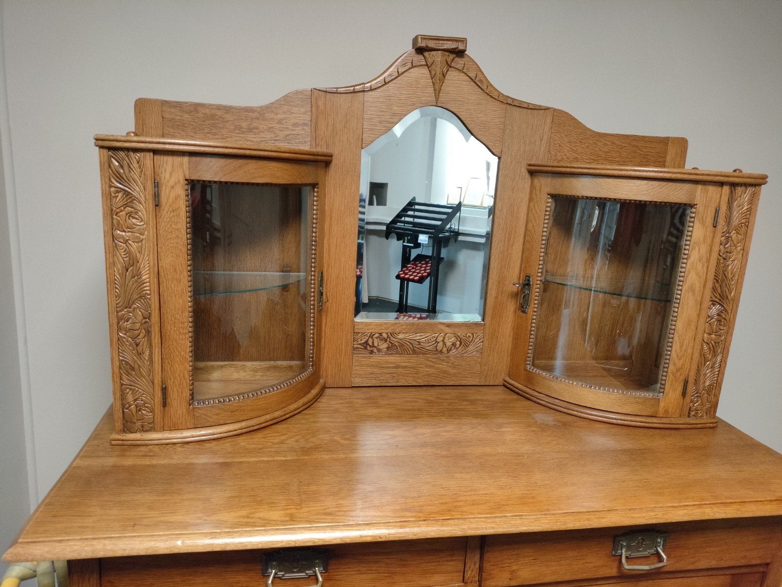 Antiek Eiken Dressoir met Vitrinekasten en Spiegel, Ophalen