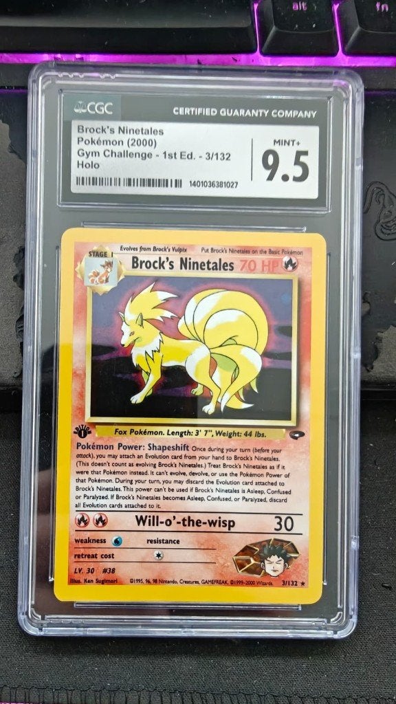 Brock's Ninetales Holo 1st Ed. CGC 9.5 Gym Challenge, Ophalen of Verzenden, Zo goed als nieuw, Losse kaart, Foil