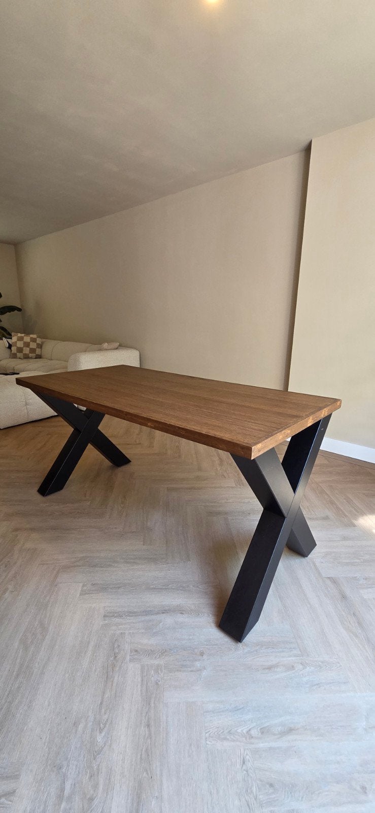 handgemaakte ettafel met X-poten, massief hout, Overige houtsoorten, Modern, Industrieel, Zo goed als nieuw, 150 tot 200 cm
