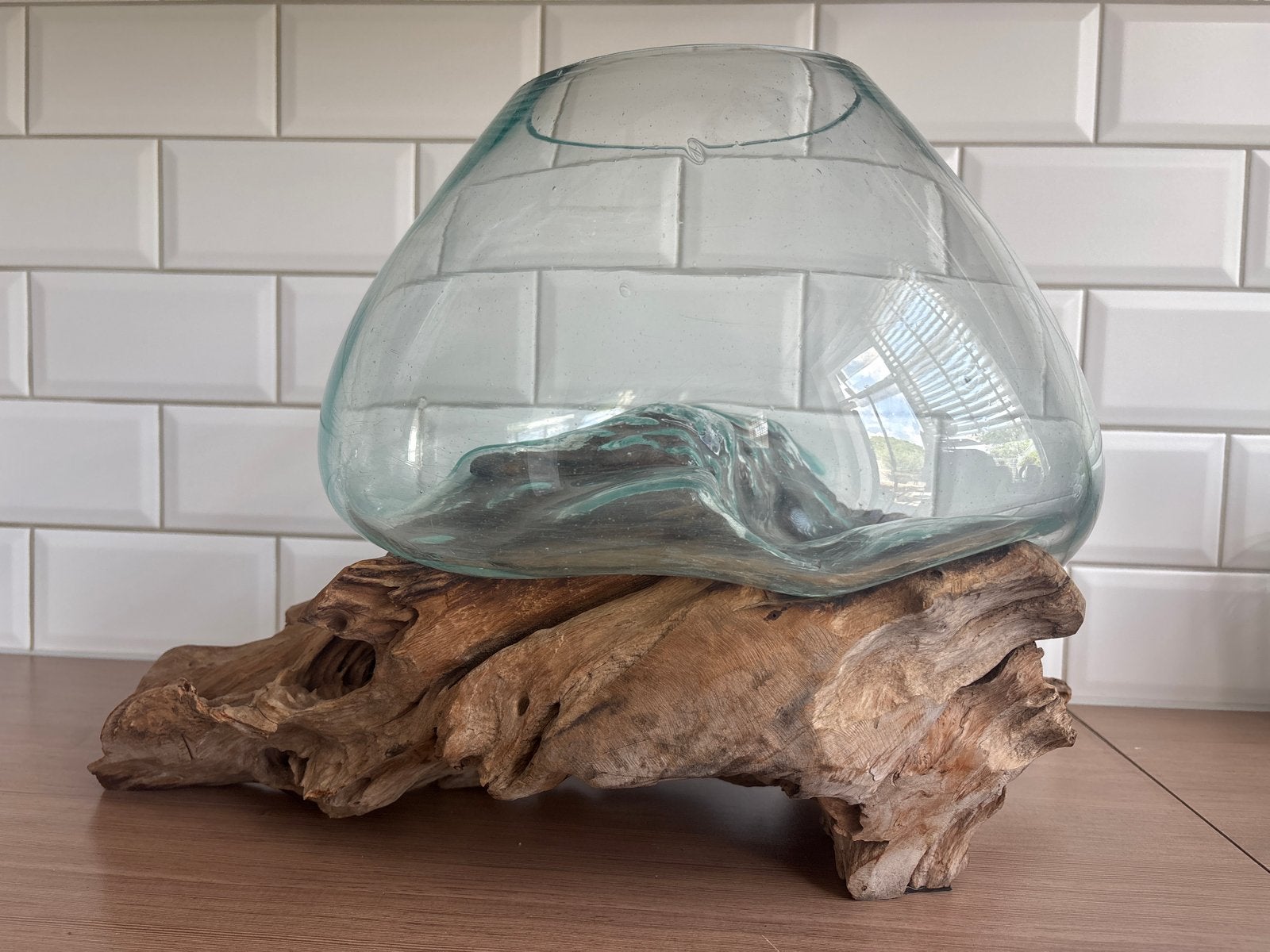 Unieke glazen vaas op drijfhout - Handgemaakt, Ophalen, Handgemaakt, Transparant, Glas