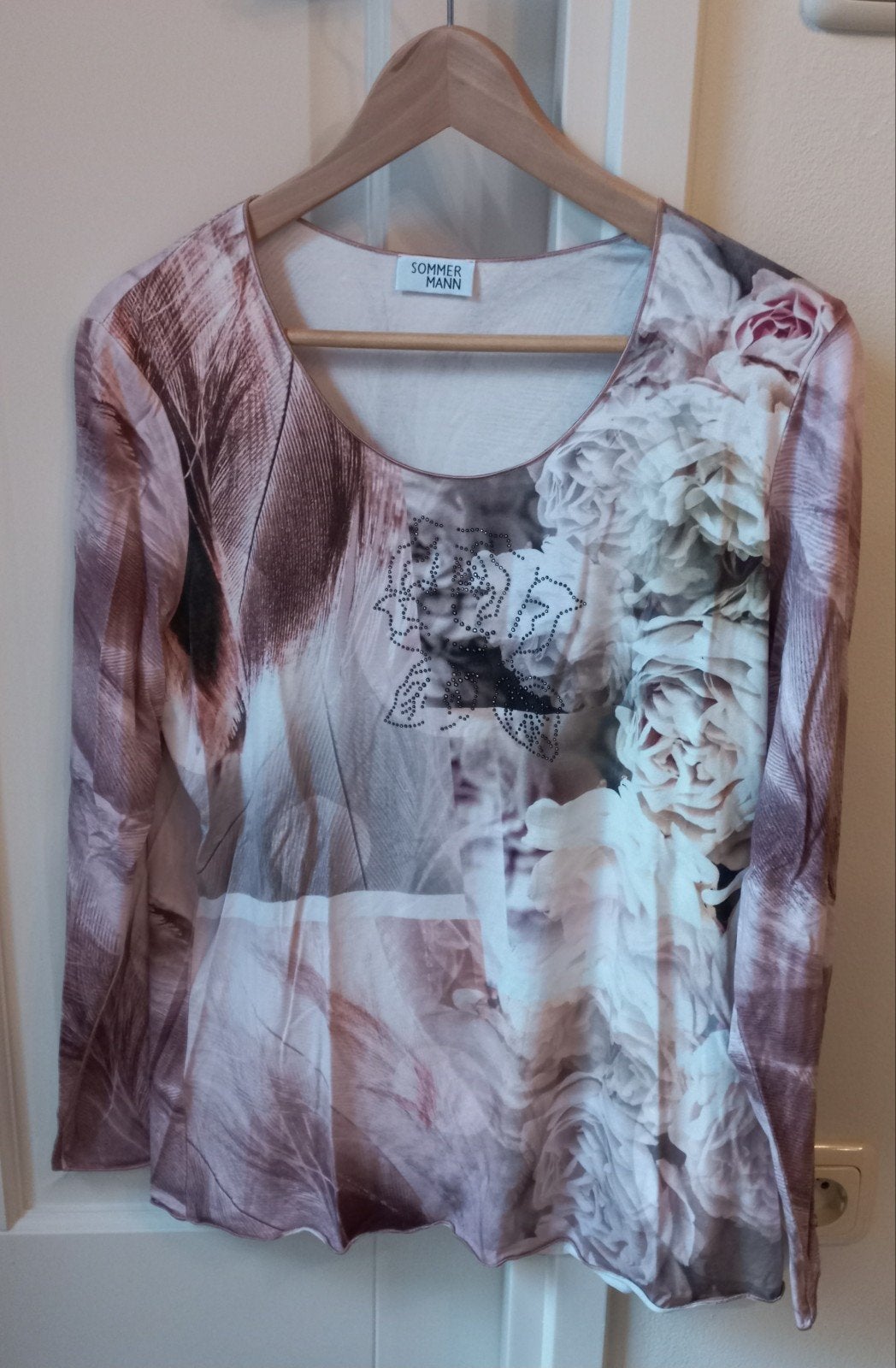 Sommermann shirt met strassteentjes en verenprint, maat 42t, Kleding | Dames, Ophalen of Verzenden, Lange mouw, Gedragen, Meerkleurig