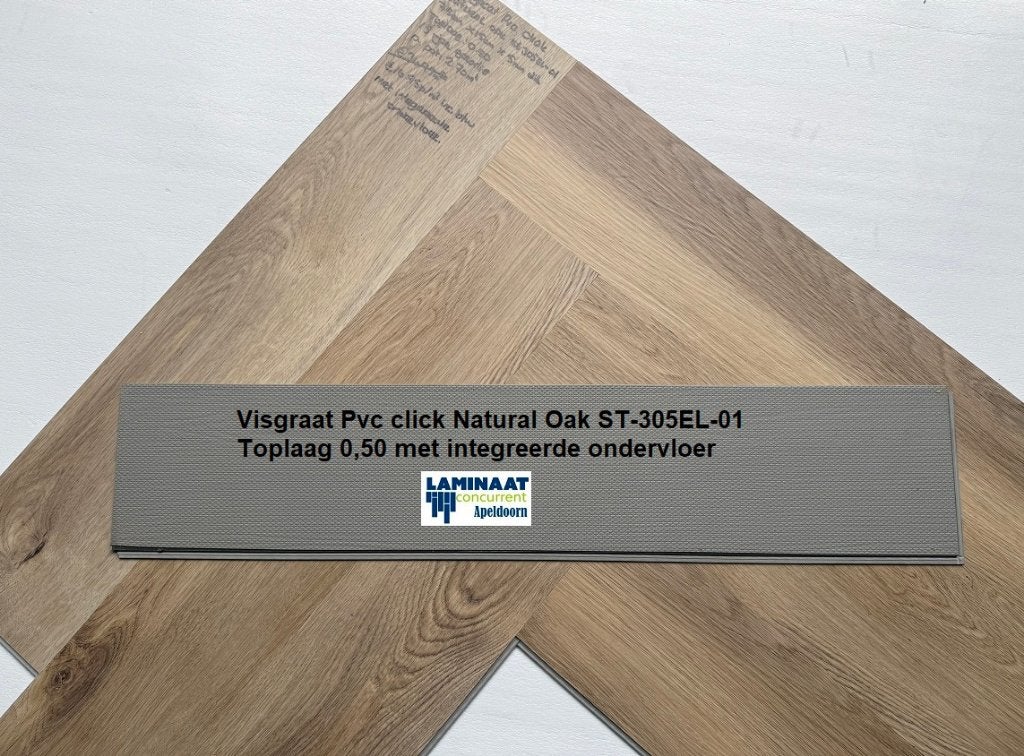 Visgraat Pvc click Natural Oak + Hoge Wit plint + leggen, Bruin, Nieuw, Ophalen of Verzenden, Visgraat Pvc click natural oak