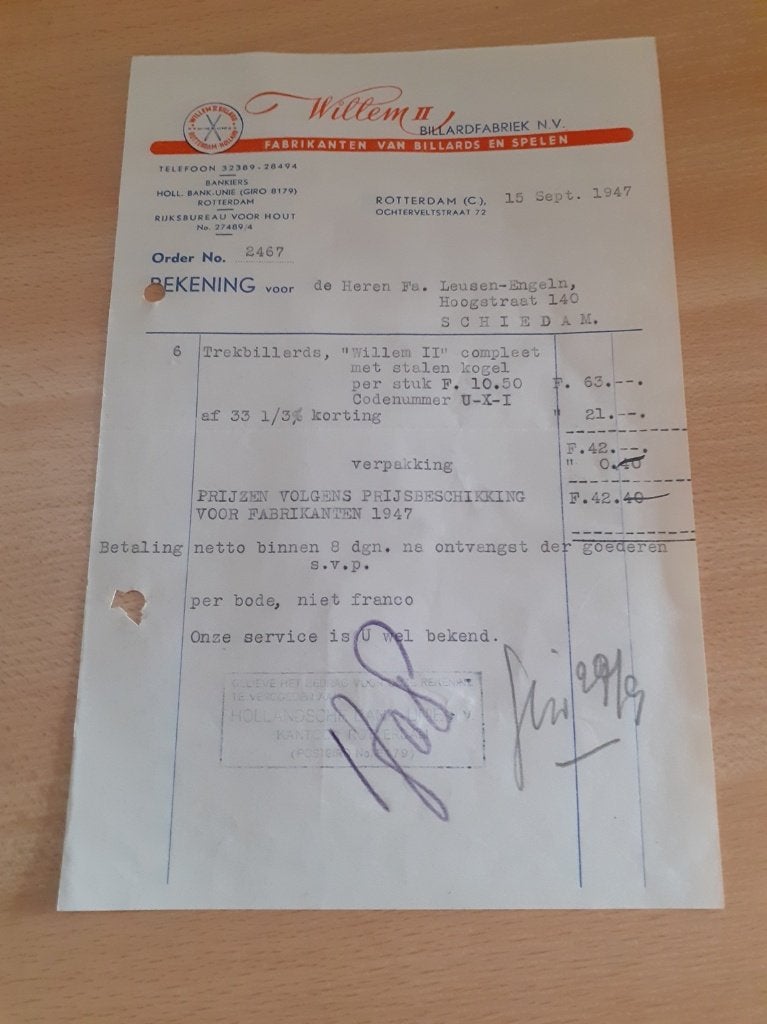WILLEM II Billardfabriek Rotterdam factuur 1947, Ophalen of Verzenden, Zo goed als nieuw, Overige typen