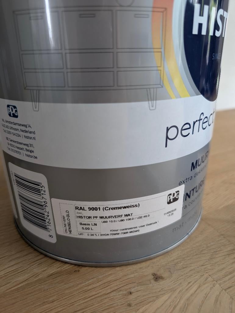 Ral 9001 muurverf Histor Perfect Finish 5 liter, Ophalen, 5 tot 10 liter, Beige, Nieuw