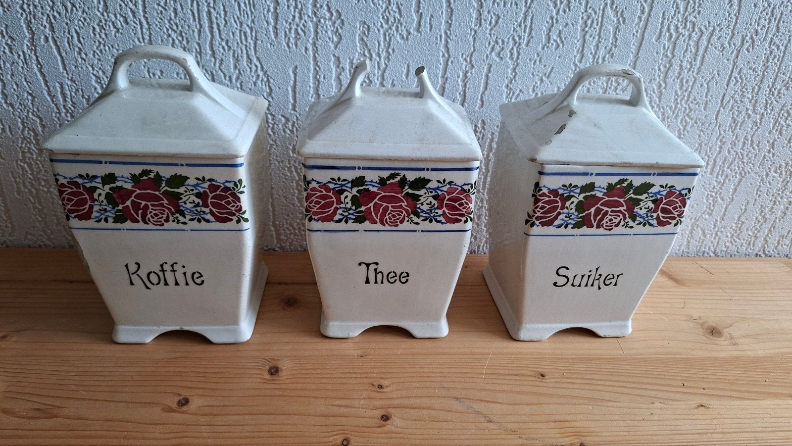 Vintage Porseleinen voorraadbussen met Koffie/ Thee/ Suiker, Ophalen