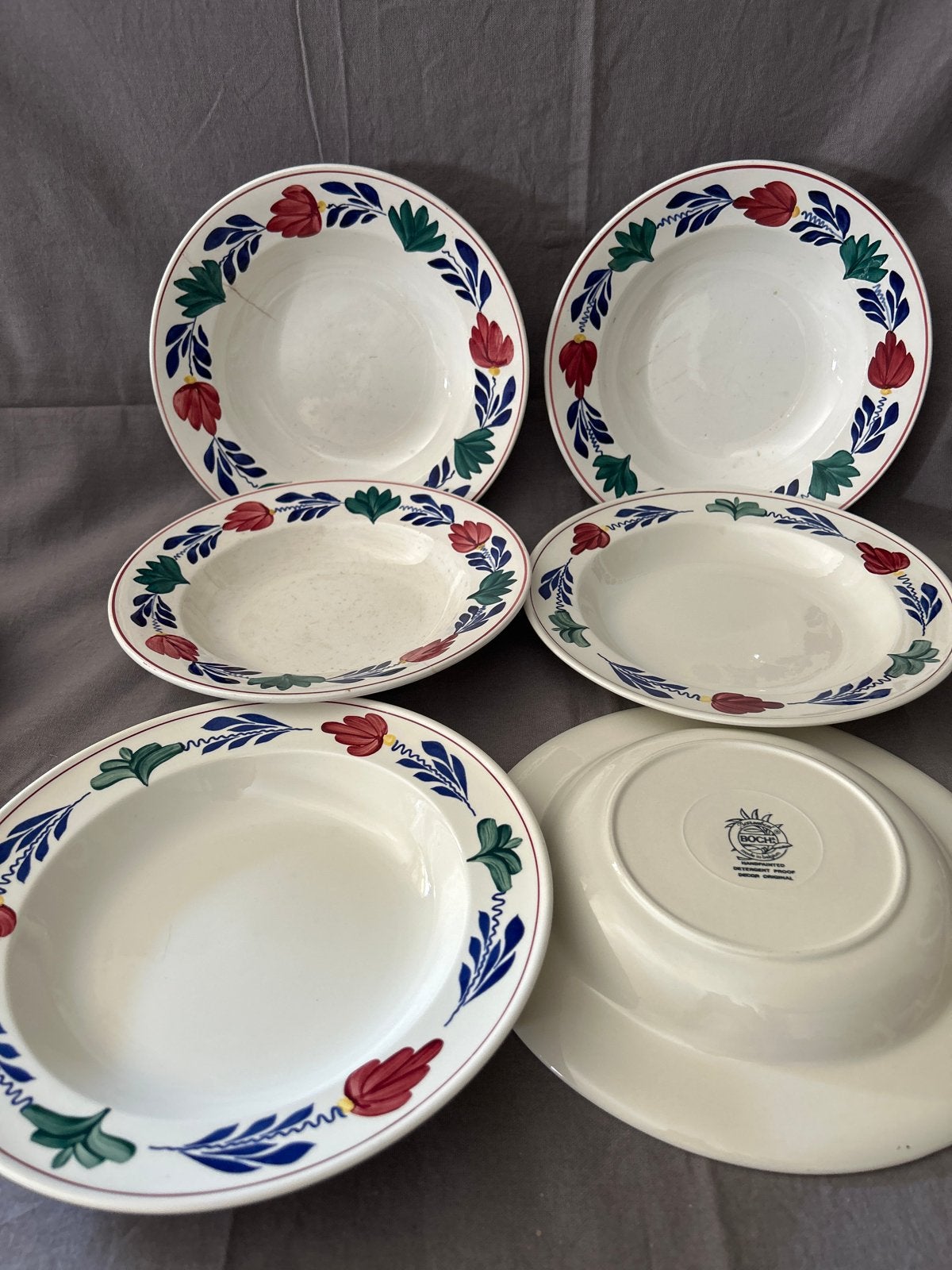 Boch Frères 'Boerenbont' 6 diepe borden, Antiek en Kunst, Antiek | Servies los, Ophalen of Verzenden