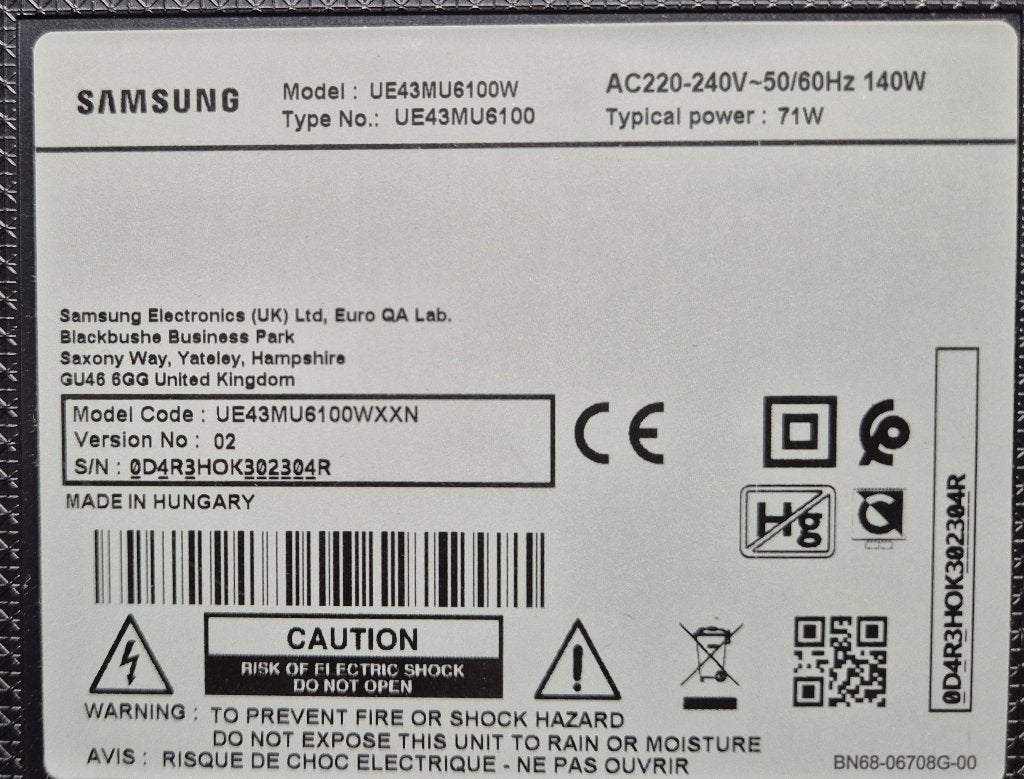 Samsung tv TV UE43MU6100W onderdelen voet voeding moederb, Ophalen, 50 Hz, Samsung, 100 cm of meer