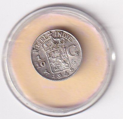 Nederlands Indie 1/10 Gulden 1945 PP met randtikje, Verzenden, Zilver, 10 cent, Koningin Wilhelmina