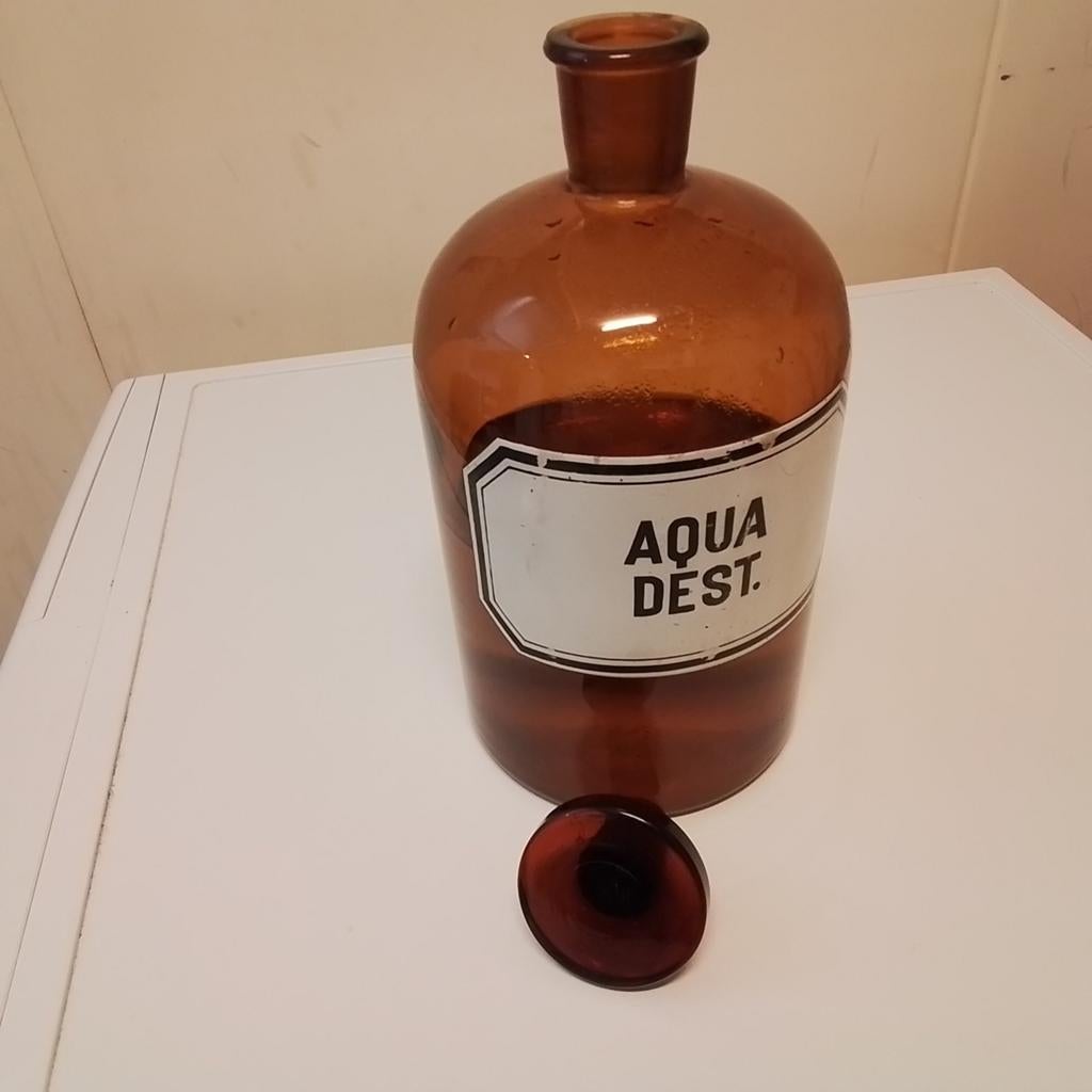 Amberkleurige apothekers fles gevuld, en met stop, Antiek en Kunst, Ophalen of Verzenden