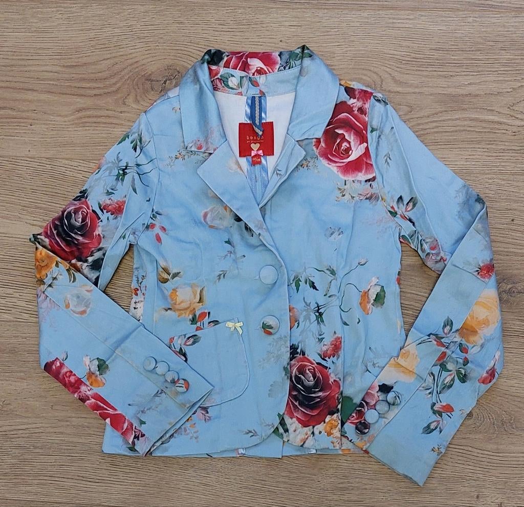 Jas bengh per principesse  maat 122 128 blauw met bloemen, Meisje, Ophalen of Verzenden, Zo goed als nieuw, Bengh per principesse