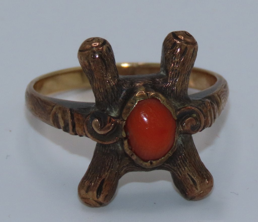 ANTIEKE GOUDEN RING MET BLOEDKORAAL, Verzenden, Goud, Ring, Met edelsteen