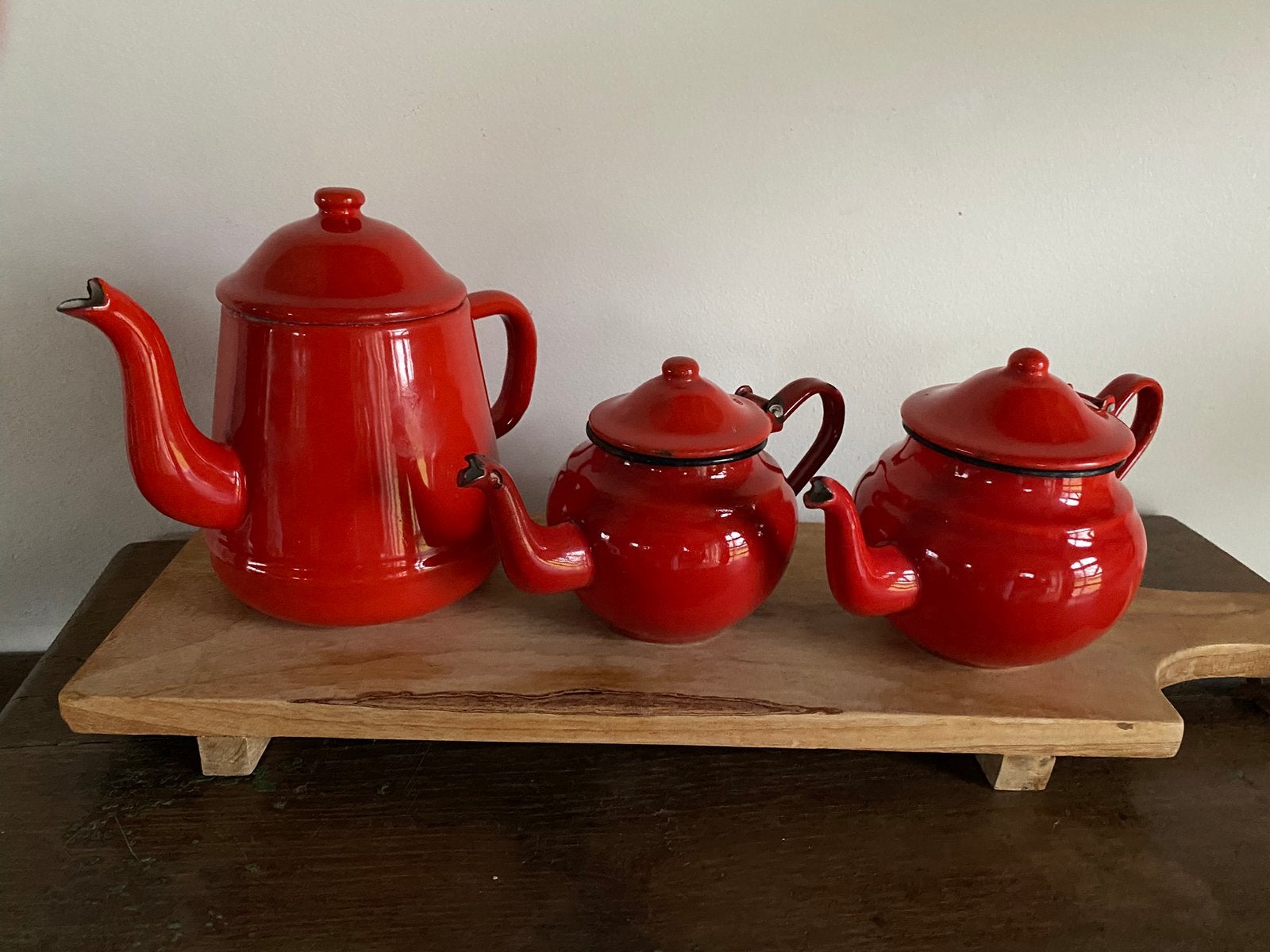 Vintage thee/ koffie potjes, rood emaille, Ophalen of Verzenden
