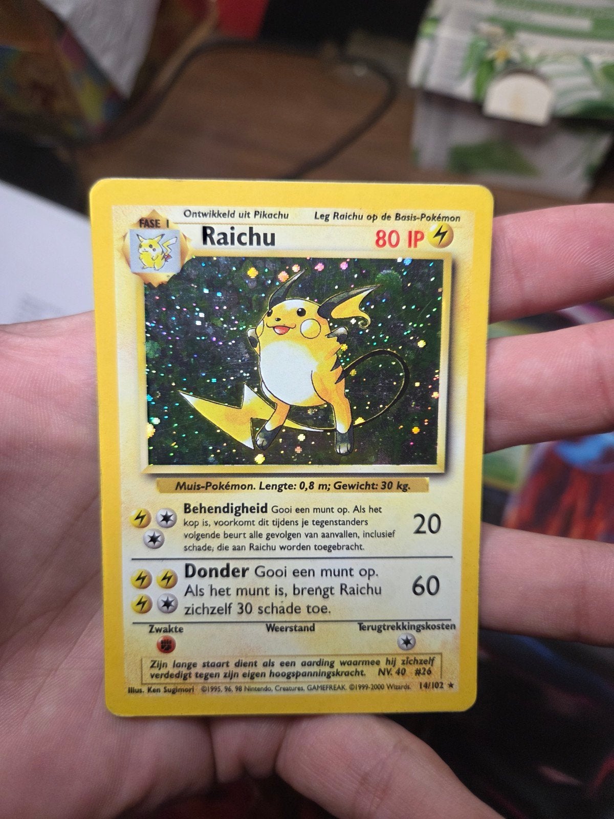 Raichu 14/102 Holo Base Set NL 1999 Wotc era, Ophalen of Verzenden, Zo goed als nieuw, Losse kaart, Foil