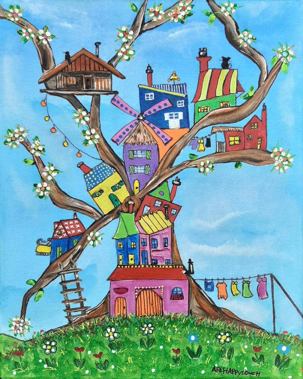 schilderij vrolijke boom met dorpje kleurrijk acryl canvas, Ophalen of Verzenden, Gesigneerd, Acrylverf, Landschap