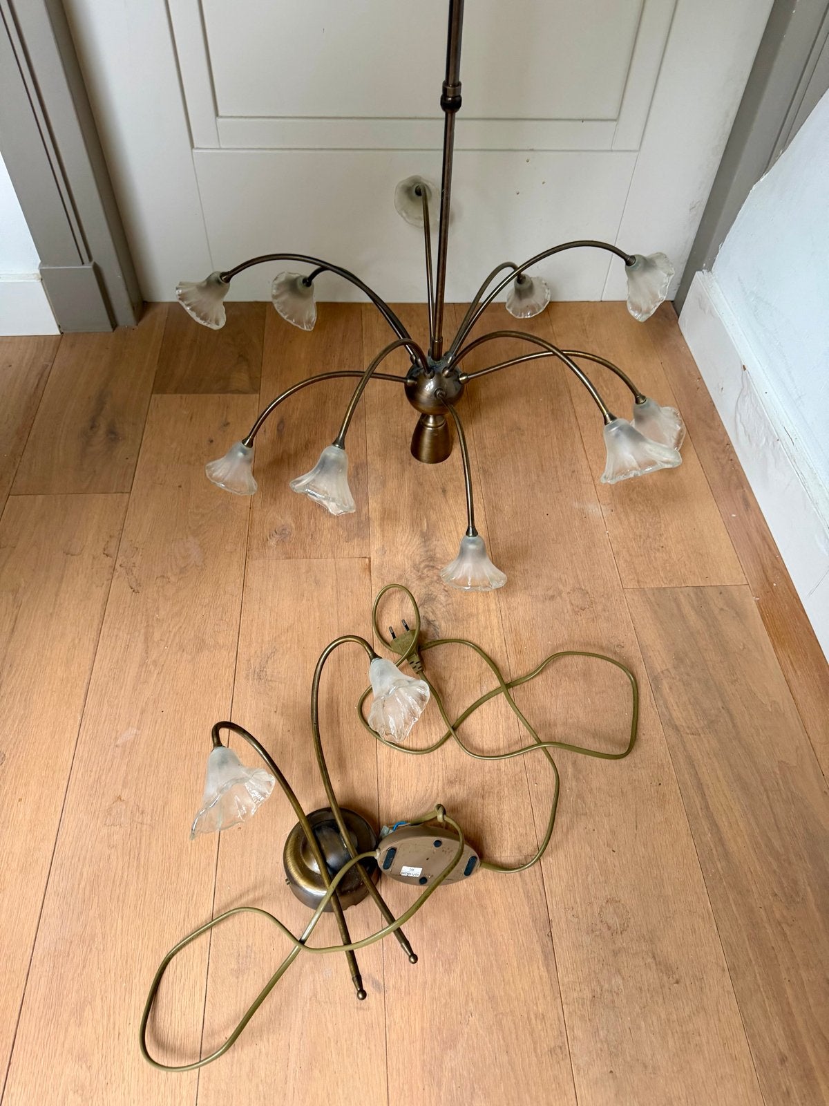 Vintage Kroonluchter Wandlamp dimbaar Glas brons sputnik, Ophalen of Verzenden, Gebruikt, Glas, E14 (klein)