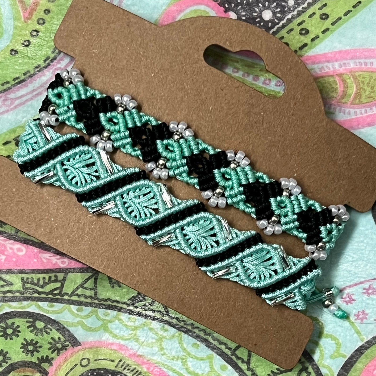 Macramé armbanden mint-zwart, Ophalen of Verzenden, Nieuw, Zwart