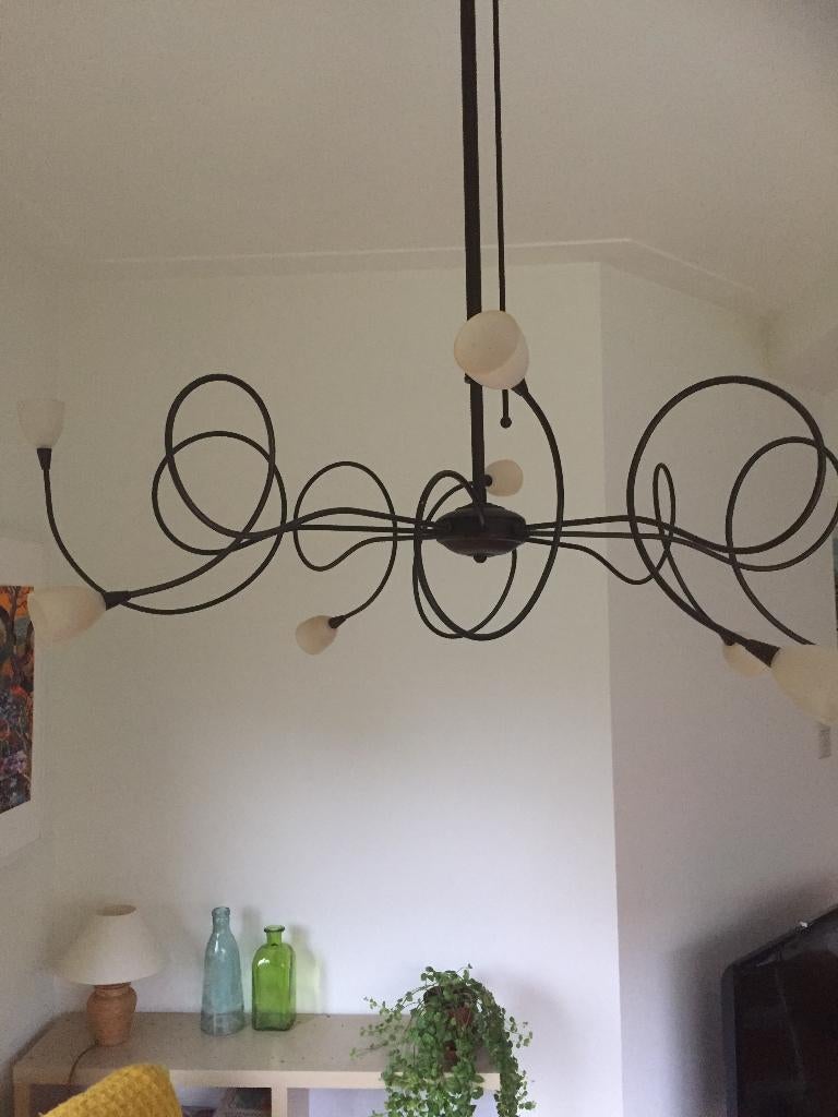 plafondlamp met 6 roomwitte glazen kelkjes, Ophalen, Gebruikt, Glas, 50 tot 75 cm